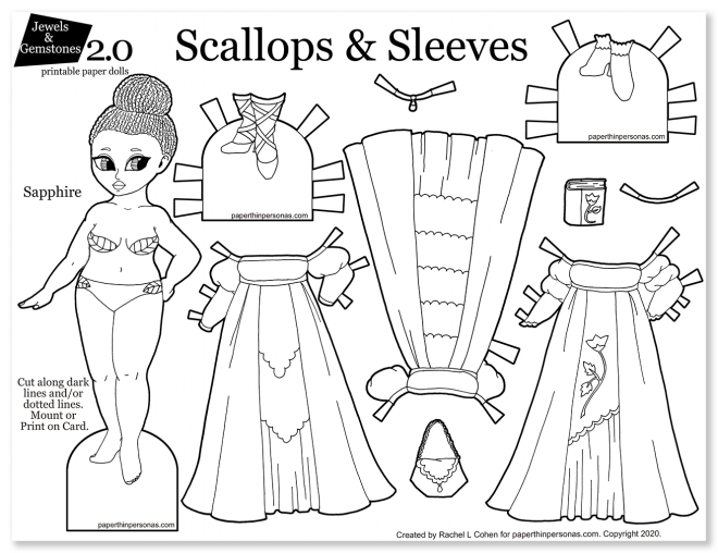 Printable coloring page of cute and pretty paper doll dresses for kids of all ages. Three dresses, one doll and two pairs of shoes.
