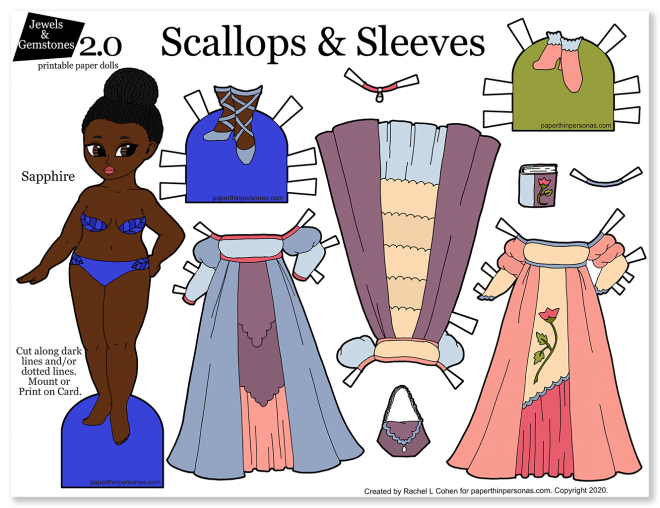 Some super cute and pretty paper doll dresses for kids of all ages to print and play with. Three dresses, one doll and two pairs of shoes, plus accessories. 