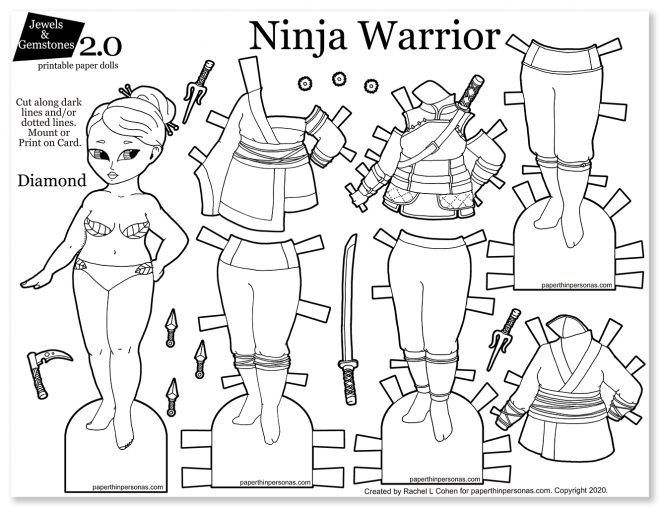 A ninja paper doll coloring page with six mix and match pieces to print and color. Her accessories include a sword, throwing stars and some other fantasy weapons. 