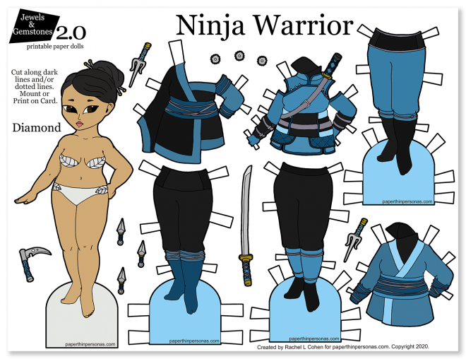 A ninja paper doll with mix and match pieces, weapons and fun style. Great indoor play for kids!