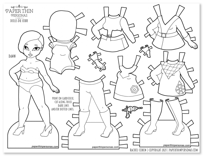 An Asian paper doll coloring page with four dresses and a space suit in a retro-1960s sci-fi theme. 
