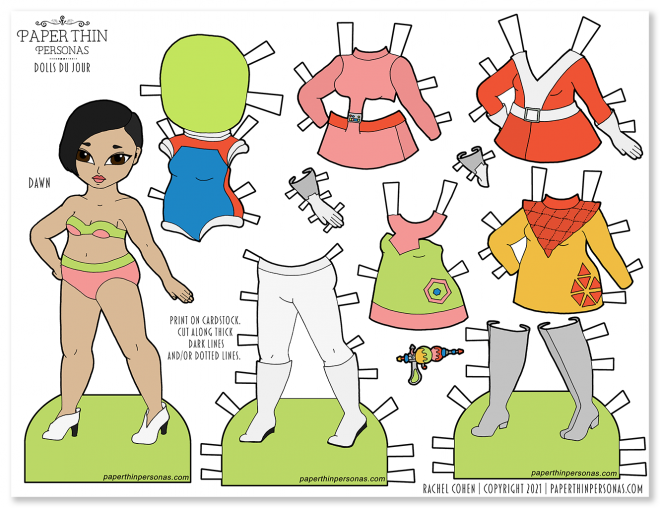A color printable Asian paper doll with a space wardrobe theme, She's got four dresses, boots and a space suit in 1960s inspired colors. 