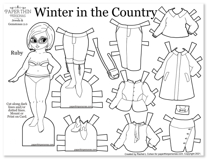 Ruby, a printable paper doll coloring page, and her eight piece mix and match wardrobe. Her clothing is based on country estate/riding habits. 
