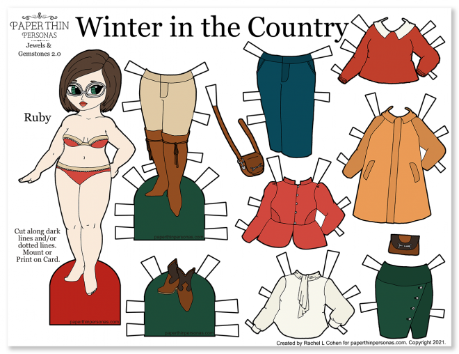 Ruby, a printable paper doll, and her eight piece mix and match wardrobe in color. Colors inspired by Maine and other parts of the East Coast of the USA. 
