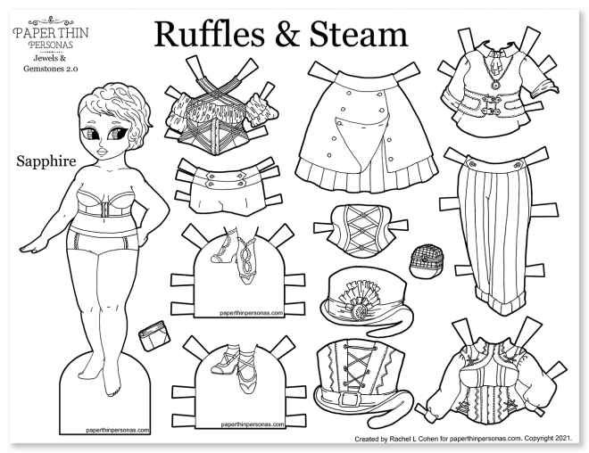A black and white printable paper doll coloring sheet featuring steampunk fashions. One doll and eleven mix and match pieces. 