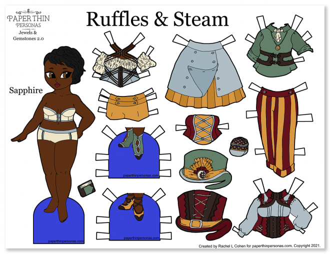 A black printable paper doll with steampunk fashions. One doll and eleven mix and match pieces. 