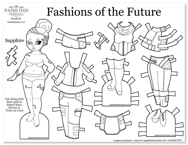 A black and white cyberpunk paper doll coloring page featuring a black doll and her mix and match wardrobe of scifi fashions.