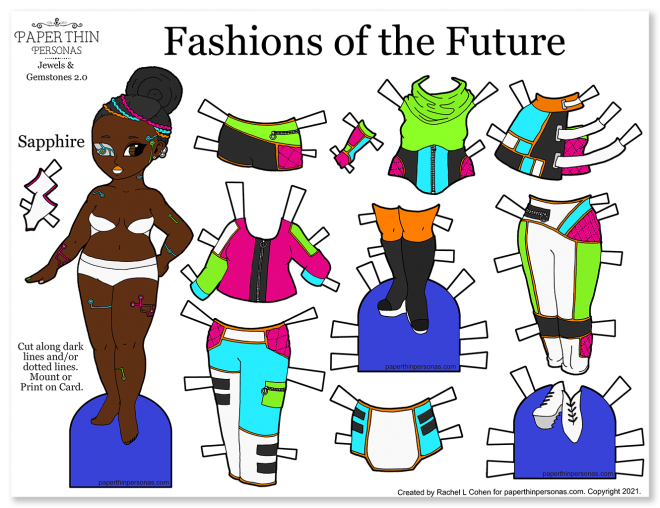 A cyberpunk paper doll coloring page featuring a black doll and her mix and match wardrobe of scifi fashions.