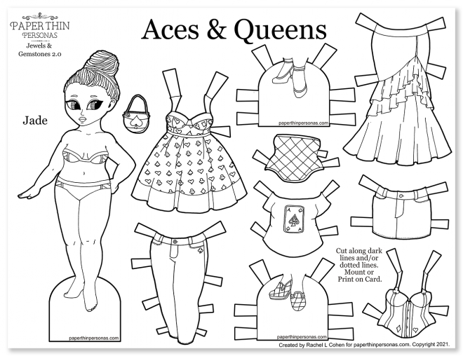 A playing card inspired paper doll with dreadlocks and a mix and match wardrobe.