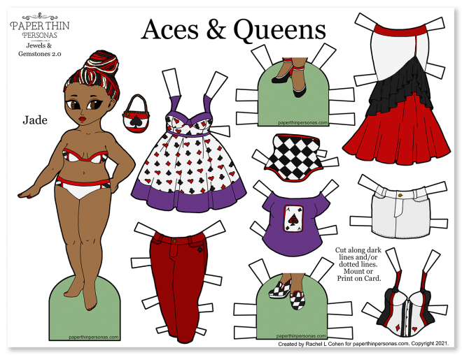A playing card inspired paper doll with multicolored dreadlocks and a mix and match wardrobe.