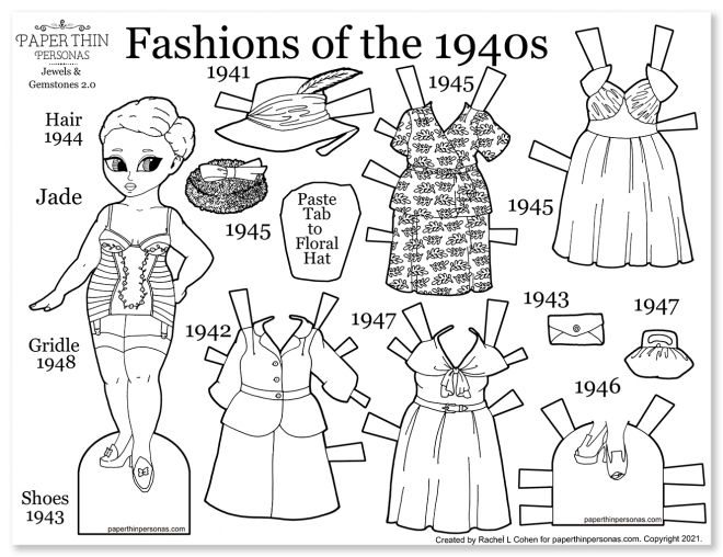 A paper doll coloring page with a curvy 1940s black lady and her ten piece wardrobe.