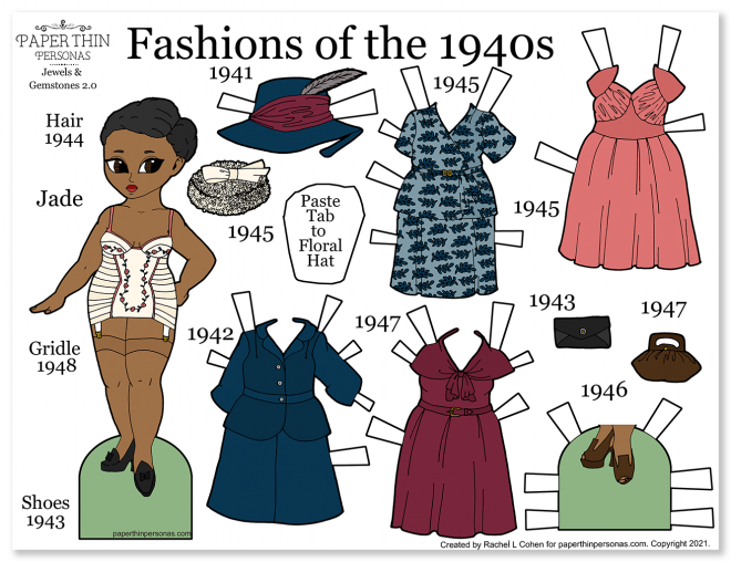 A paper doll coloring page with a curvy 1940s black lady and her ten piece wardrobe.