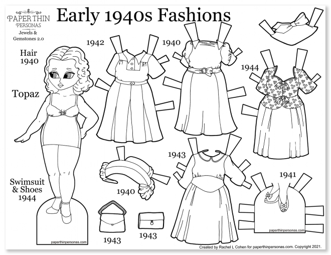 A black and white printable 1940s paper doll coloring page with vintage fashions to color. Four mix and match dresses, plus hats and shoes.