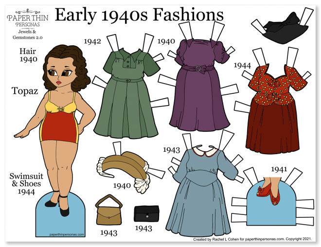 A printable 1940s paper doll coloring page with vintage fashions. Four mix and match dresses, plus hats and shoes. The dolls wears a 1940s style swimsuit.