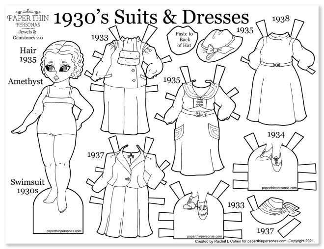 A printable 1930s vintage fashion paper doll coloring page with four dresses, two shoes and hats.