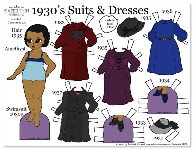 A printable 1930s vintage fashion paper doll with four dresses, shoes and hats.