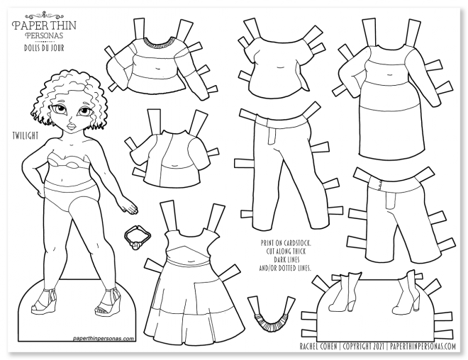 A black and white paper doll with a mix and match wardrobe of 8 clothing pieces.