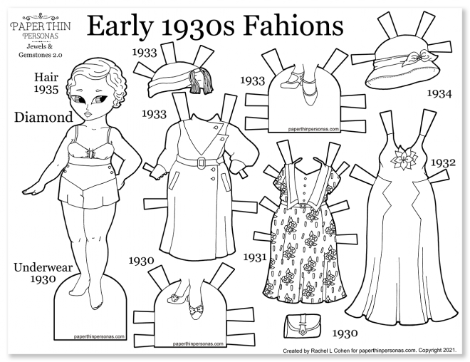 A 1930s vintage fashion paper doll to print and color with three dresses and two pairs of shoes. She has a coat, a day dress and an evening dress.