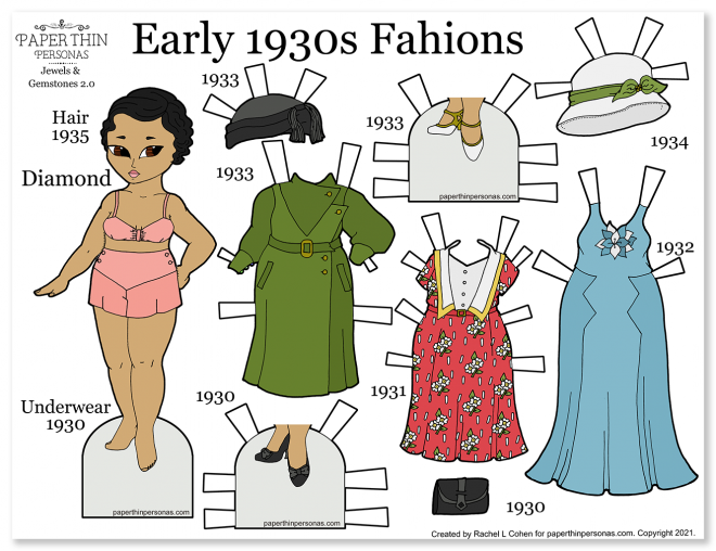 A 1930s vintage fashion paper doll to print with three dresses and two pairs of shoes. She also has two hats and I love her evening dress.