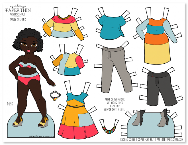 A black paper doll with a mix and match wardrobe of 8 clothing pieces.