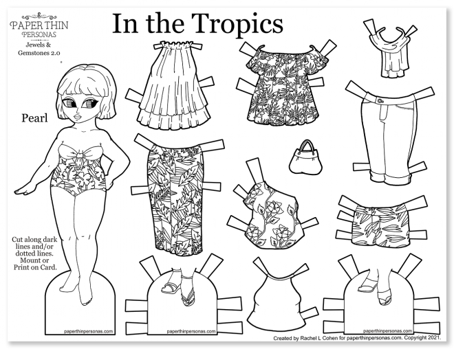 A printable paper doll coloring page with a 9 piece mix and match wardrobe of tropical patterned fashion pieces to print.