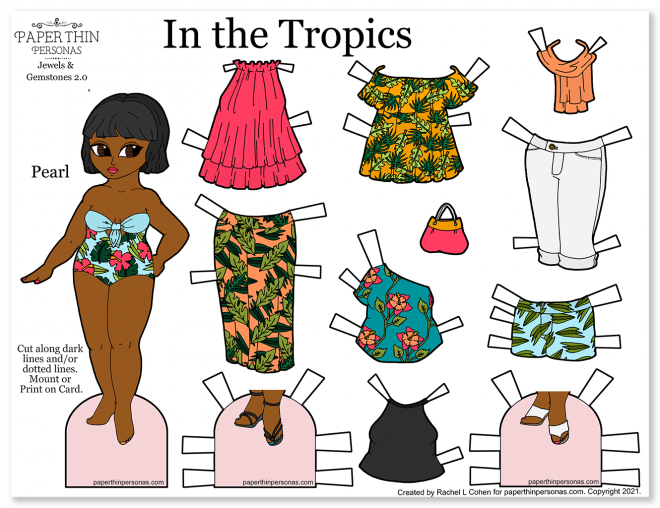 A printable paper doll with a 9 piece mix and match wardrobe of tropical patterned fashion pieces to print.