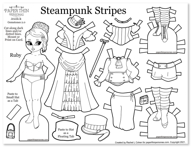 A printable steampunk fashion paper doll coloring page and a 13 piece mix and match wardrobe with over 30 outfit combinations