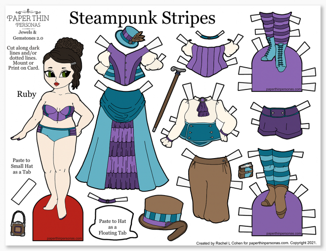 A printable steampunk fashion paper doll with dark hair and a 13 piece mix and match wardrobe with over 30 outfit combinations