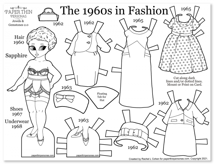 A 1960s fashion printable paper doll coloring page with historical outfist including 2 dresses and 2 suits, along with hats.