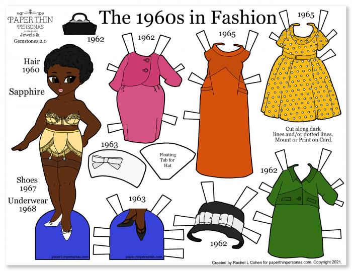 A 1960s fashion paper doll with four outfits, shoes and hats to print and play with.