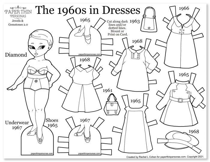 An Asian 1960s fashion paper doll coloring page with her 10 piece mix and match wardrobe of mod inspired fashions. Print her to color and play!