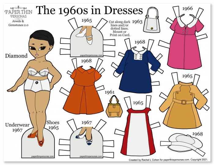 An Asian 1960s fashion paper doll with her 10 piece mix and match wardrobe of mod inspired fashions. Print her to color and play!