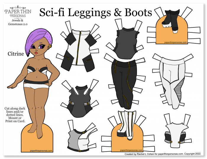 A printable paper doll with a sci-fi oy cyber fashion theme. Her mix and match wardrobe is 9 pieces colored in shades of grey.