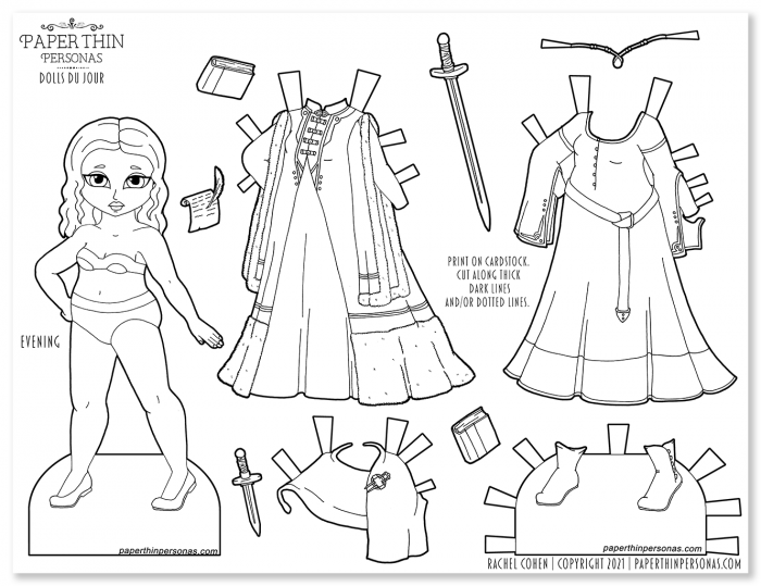 A paper doll printable coloring page with fantasy gowns.
