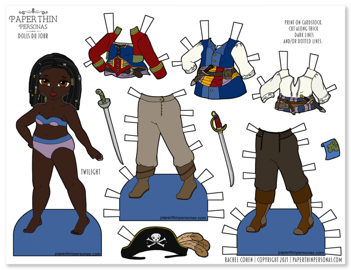 A printable paper doll  pirate with mix and match clothing, a map and swords. She has dark skin and dreadlocks. 
