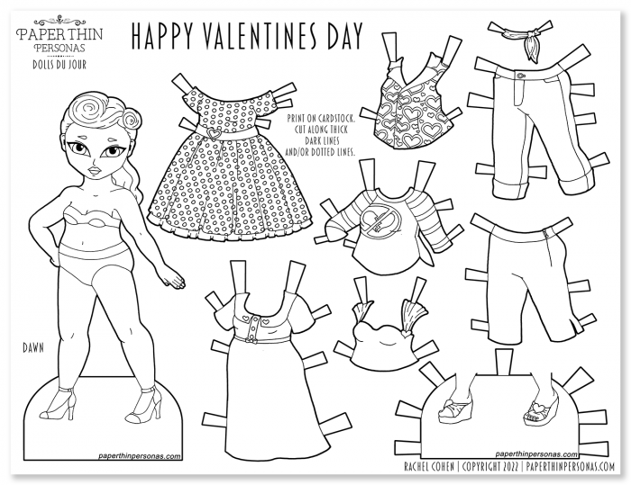 A Valentine's Day printable paper doll coloring page with a mix and match wardrobe. Great idea for kids crafting over the holiday!