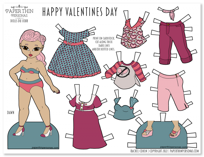 A Valentine's Day printable paper doll with a mix and match wardrobe in teals and pinks. Great idea for kids crafting over the holiday!