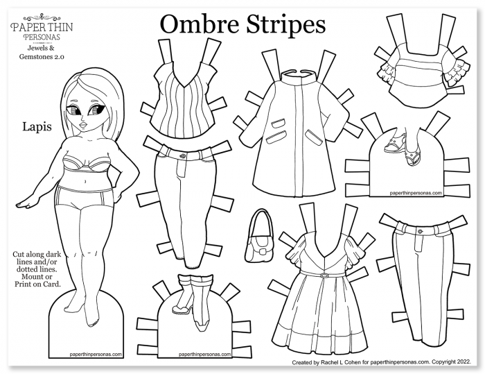 A printable paper doll in pwith a 9 piece mix and match wardrobe. 