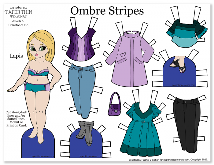 A blond printable paper doll in purples and teals with a 9 piece mix and match wardrobe. 