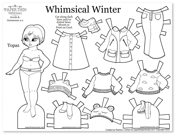 A winter themed paper doll clothing page with nine mix and match clothing pieces. 