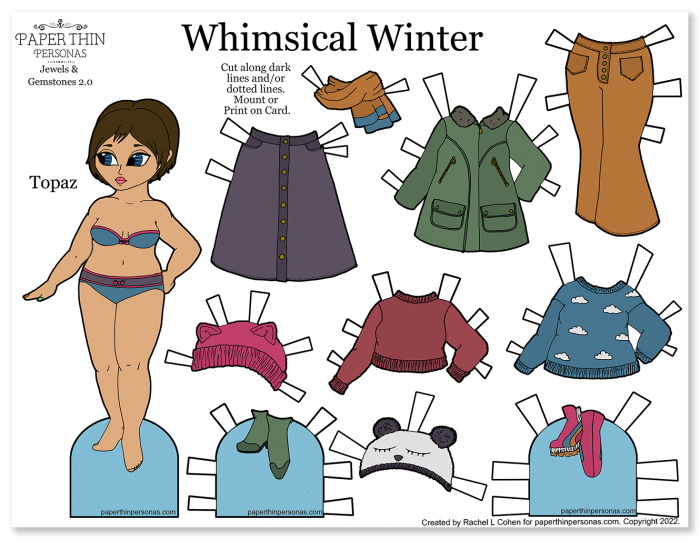 A winter themed paper doll with nine mix and match clothing pieces including coats, jeans, sweaters, and hats. 