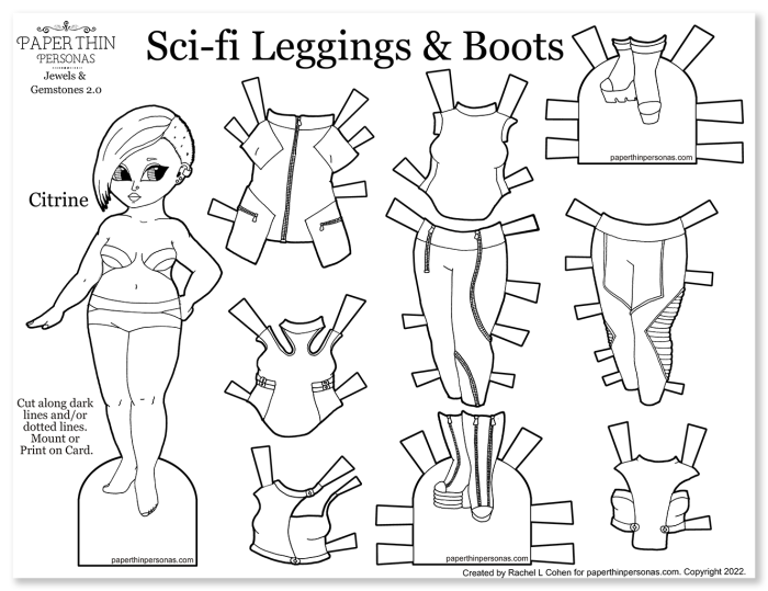A printable paper doll coloring page with a sci-fi or cyber fashion theme. Nine mix and match wardrobe pieces.