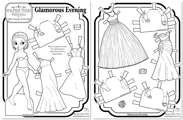 Two printable paper doll coloring pages with a doll and her wardrobe of eight mix and match pieces. 