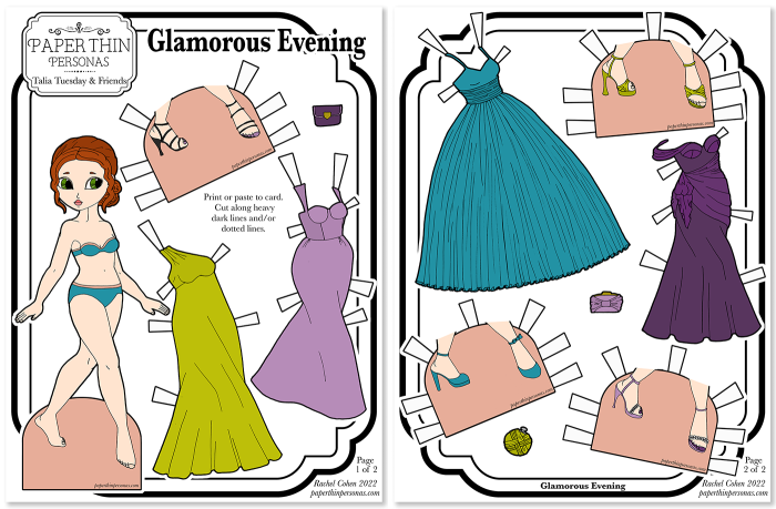 A paper doll printable with a 11 piece wardrobe of evening gowns in fun spring colors. The doll has red hair and fair skin. 
