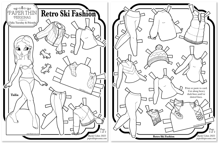 A black and white printable paper doll two page set with 16 piece mix and match wardrobe. Fun to color and cut out and play with. 