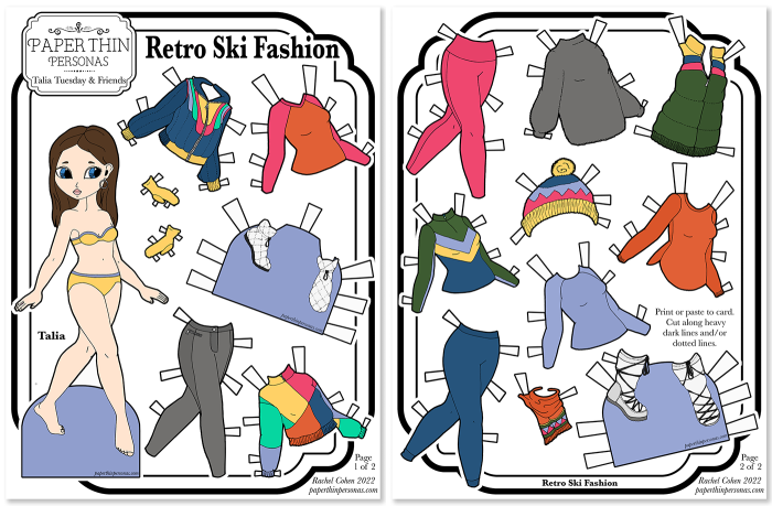 Amazing screen free fun with a printable paper doll and her 16 piece winter retro wardrobe. 