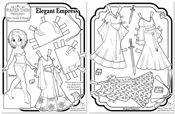 A paper doll printable coloring page with one doll and her eight piece wardrobe. This fantasy inspired paper doll is two pages. 