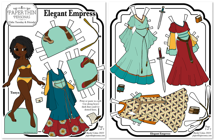 A black paper doll printable with one doll and her eight piece wardrobe. This fantasy inspired paper doll is two pages. 