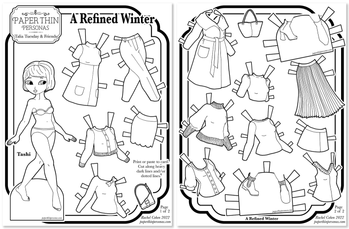 A printable paper doll coloring page set with one doll and a 17 piece wardrobe. 