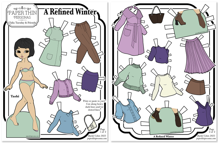 A paper doll printable with a 17 piece fashion wardrobe.